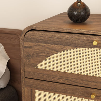 Walnut Finish 8‑Drawer Dresser with Rattan Front, Wide Particle Board Chest of Drawers, Modern Wooden Storage Cabinet