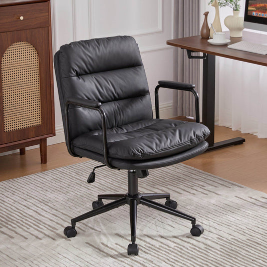 Office Chair, Mid Back Home Office Desk Task Chair with Wheels and Arms Ergonomic PU Leather Computer Rolling Swivel Chair with Padded - Black