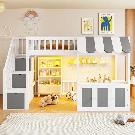 Twin Size Loft Bed with Storage Steps, LED Light, Under Bed Cabinets, Playhouse Design Bed Frame for Girls & Boys Bedroom, White+Gray