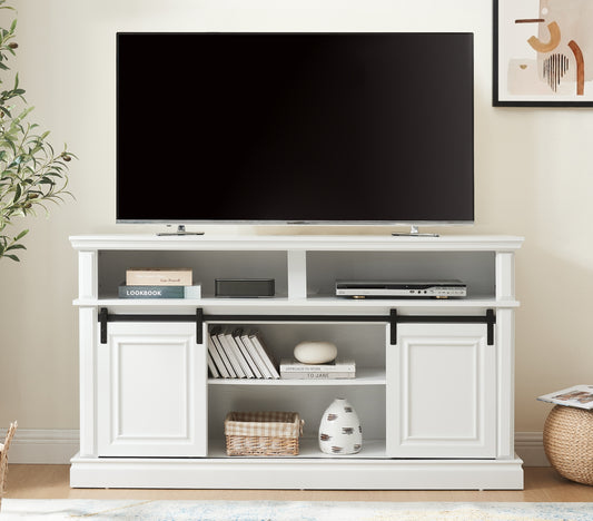 Media Console Table with Storage Cabinet, Mid Century style Entertainment TV Table, Multipurpose Sliding Door TV Cabinet  Large Storage Space, 58.11'W*15.79'D*32.36'H Antique White