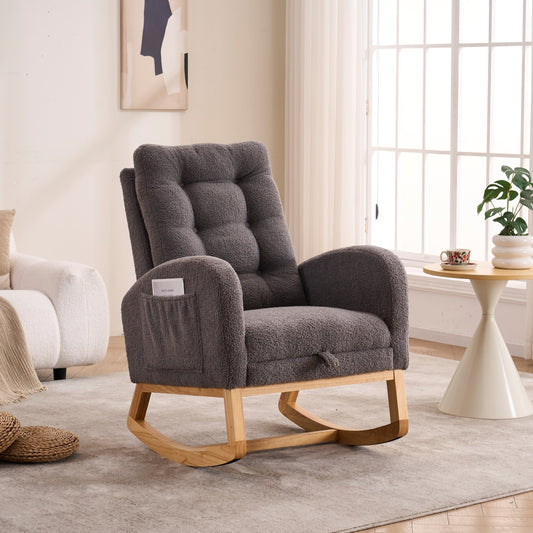 LY-5104 Dark Gray  Accent Rocking  Chair with  Footrest High Back Rubber Wood Rocking Legs Bedroom Living Space   26.77D X 38.36W X 39.76H Inch