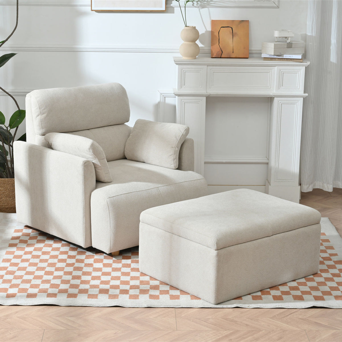 Oversized Chair w/Storage Ottoman, Wide Accent Armchair Chair for Living Room, Modern Lounge Chair, Upholstered Mid-Century Reading Chair, Comfy Living Room Chair, Deep Seat Sofa Couch(Beige Gray)