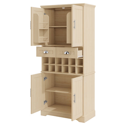 70.9" Tall Farmhouse Wine Storage Cabinet, Removable 12-Bottle Wine Rack, 2 Spacious Drawers, 4 Door Shelves, Adjustable Shelves & 2-Tier Storage Cabinets for Kitchen, Dining Room,Natural