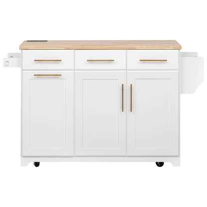 K&K 59.3" Kitchen Island with Storage 2 Pull Out Cabinet Organizers & Rubber Wood Drop Leaf, Rolling Kitchen Island with Trash Can Storage