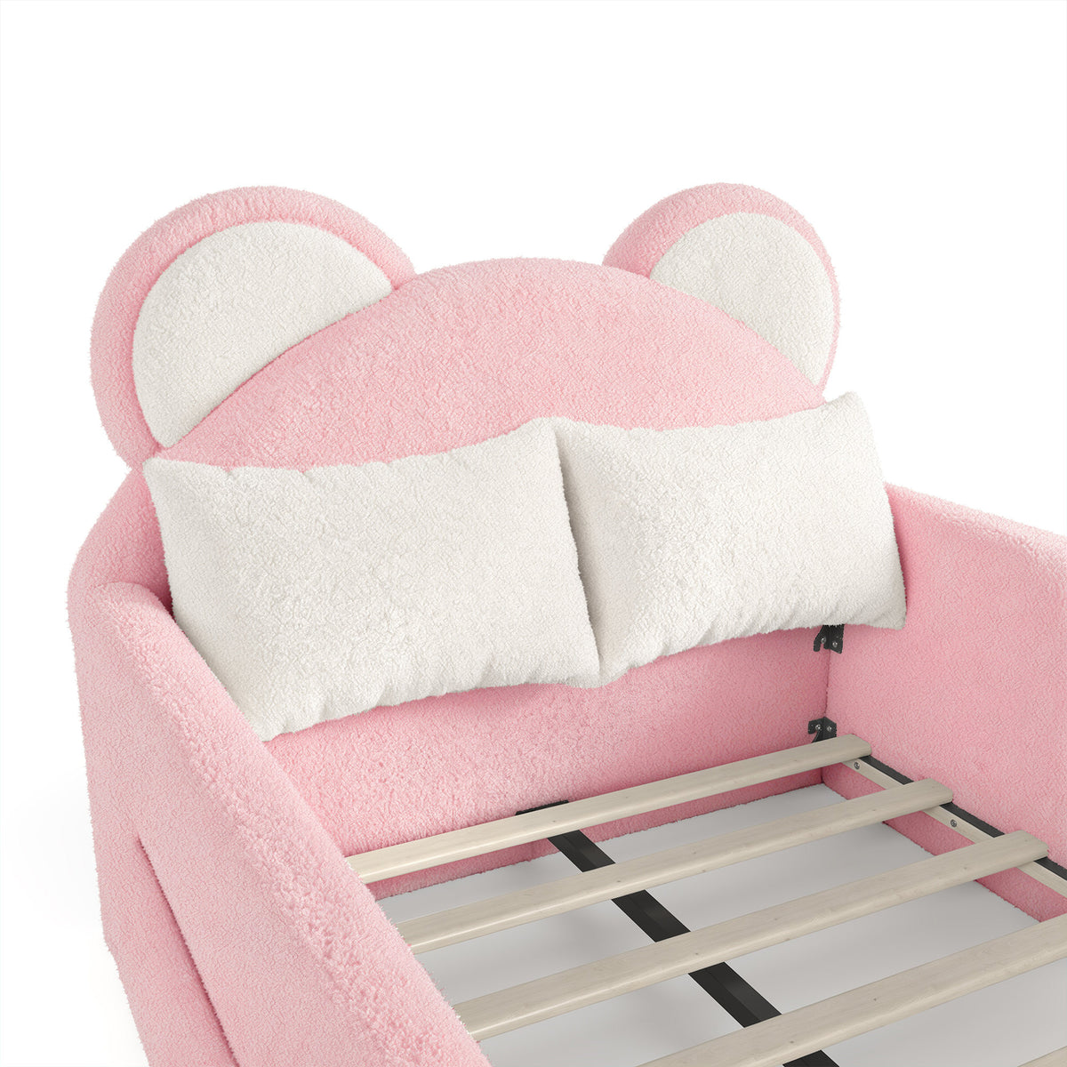 Twin Upholstered Kids Bed, Cute BearShaped Upholstered Floor bed, Children Bed Frame with Removable MagicTape Headboard, Low Floor Bed for Kids,White&Pink