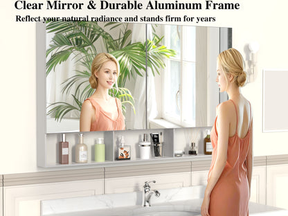 48X30 Medical Cabinet with Mirror, suitable for bathroom, wall-mounted bathroom mirror, with storage function, adjustable shelves, aluminum frame, surface-mounted, silver