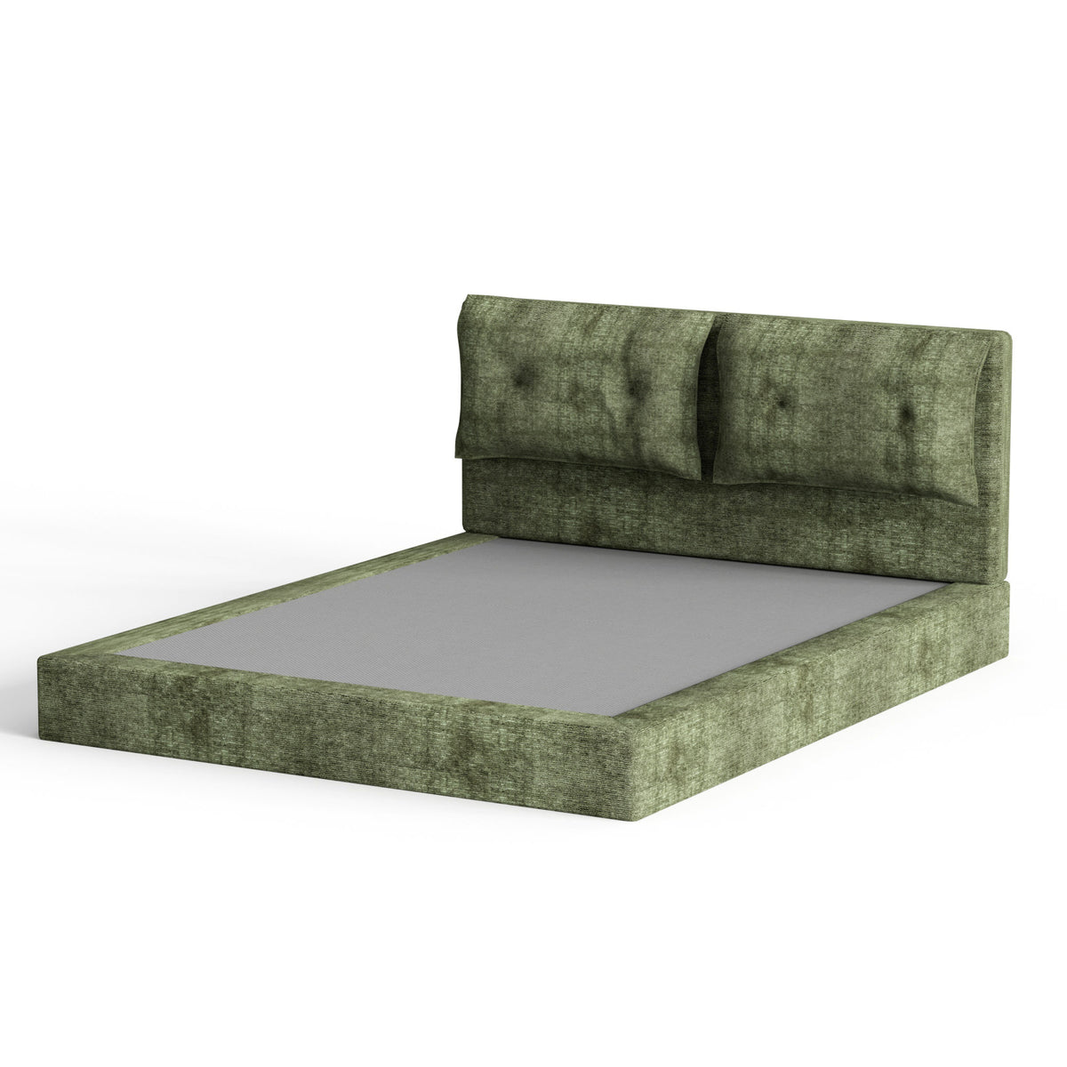 AirFrame Upholstered Bed Frame, a low, cloud-style bed frame with a double-layered upholstered headboard, 360° soft foam edging, and a metal base; easy to assemble; Queen size, Green