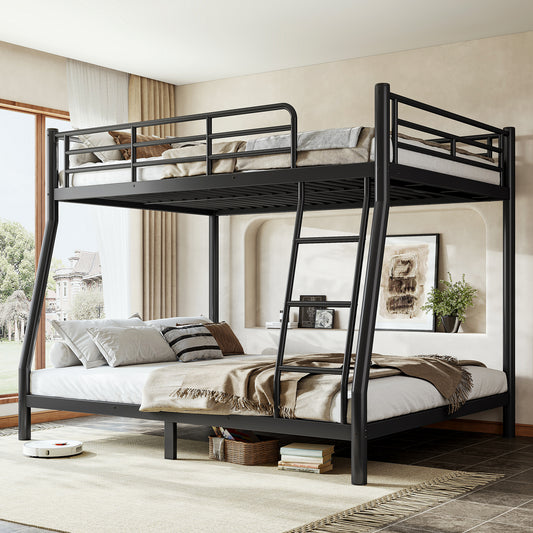 Full XL/Queen or Full+Storage Board/Queen Size Metal Bunk Bed for Teens and Adults,Space-Saving/Noise Reduced/No Box Spring Needed, Round Tube, Black