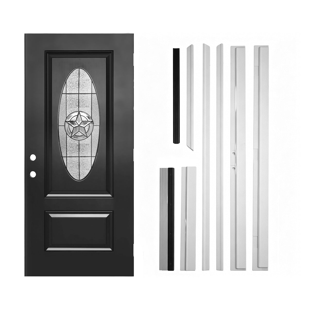 36"x80" Fiberglass Front Door with White 4-9/16" PVC Frame,Right-Hand Inswing Exterior Door with Brickmould,Brushed Smooth skin with Oval Decorated glass for Home Entrance, Black