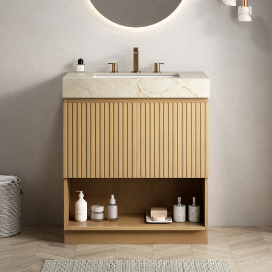 FINO 30" Bathroom Vanity&Sink,Freestanding Cabinet,Cream Gold Vein Sintered Stone Top&Ceramic Basin with 3 Pre-drilled Faucet Holes, Disassembled, Faucet & Drain Excluded, Corolla Oak Woodgrain Color