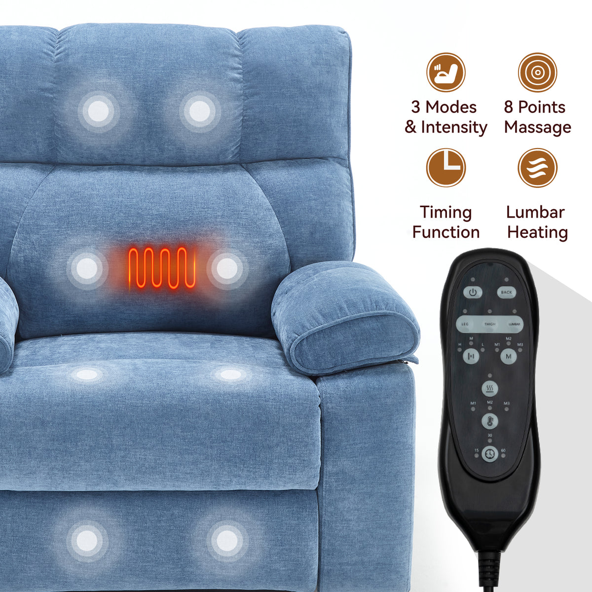 Blue Heat Massage Dual Motor Infinite Position Up to 350 LBS Large Electric Power Lift Recliners with Hidden Cup Holders, Power-Remote