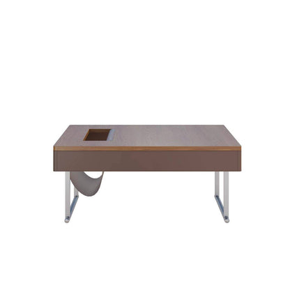 35.43" Square Walnut Coffee Table with Thickened Tabletop, Saddle Leather-Wrapped Edge and Polished Stainless Steel Base, Modern Cocktail Table for Living Room