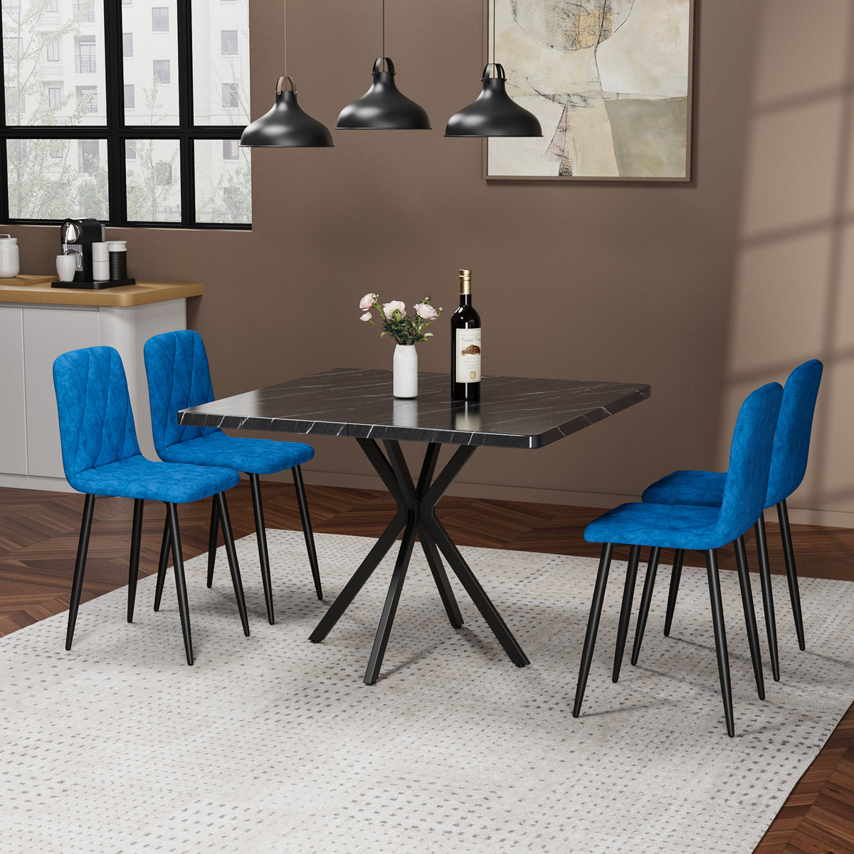Square Dining Table Set, Mid Century Modern Square Dining Table for 4 Person, Faux Marble Tabletop, Iron Legs, Coffee Table, Save Space