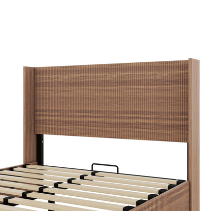 (Queen size) bed frame with a grooved and undulating lifting storage function, featuring a lifting storage feature, safe and beautiful / without noise, a wooden slat platform bed frame in a natural