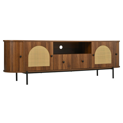 U-Can American Style TV Stand with Rattan Arched Doors, Drawers, Hidden Storage, Steel Legs, Rounded Corners