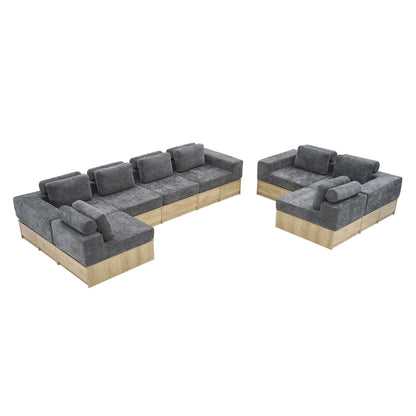 8-seat Modular Sectional Sofa with Storage Drawers, Multi-Functional L-Shaped Couch with Built-In Cabinet Base and Center Table Design, Convertible Combination Sofa Set, Modern Upholstered Sofa