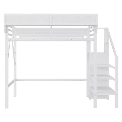 Twin XL Size Loft Bed with Stairs, Metal Full Loft Bed with Storage Shelves, High Loft Bed with Wardrobe for Kids Teens,White(Old Sku W2580S00050)