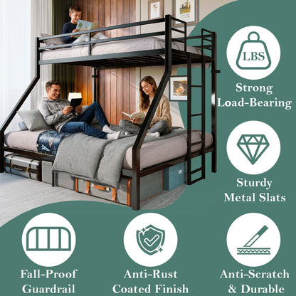 Heavy Duty Twin Over Queen Bunk Bed, Sturdy Metal Bunk Bed Frame with Flat Ladder & Full-Length Guardrail, 1000 lbs Capacity, Noise-Free, Easy Assembly, Space-Saving Industrial Bunk Beds , Black
