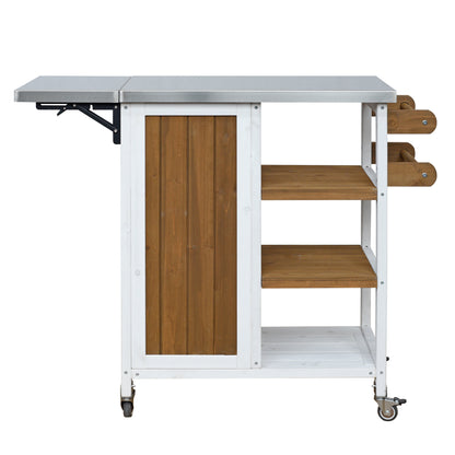 Foldable Outdoor Kitchen Island with Stainless Steel Worktop and Wood Frame, White+Brown, Portable Prep Station