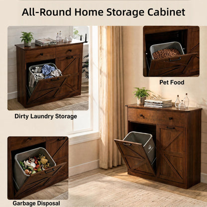 Farmhouse Double Tilt Out Trash Cabinet for 20 Gallon Trash Cans, Free Standing Recycling Cabinet with Hideaway Drawer, Barn Door Style Laundry Sorter Cabinet, Tilt Out Trash Cabinet for Kitchen