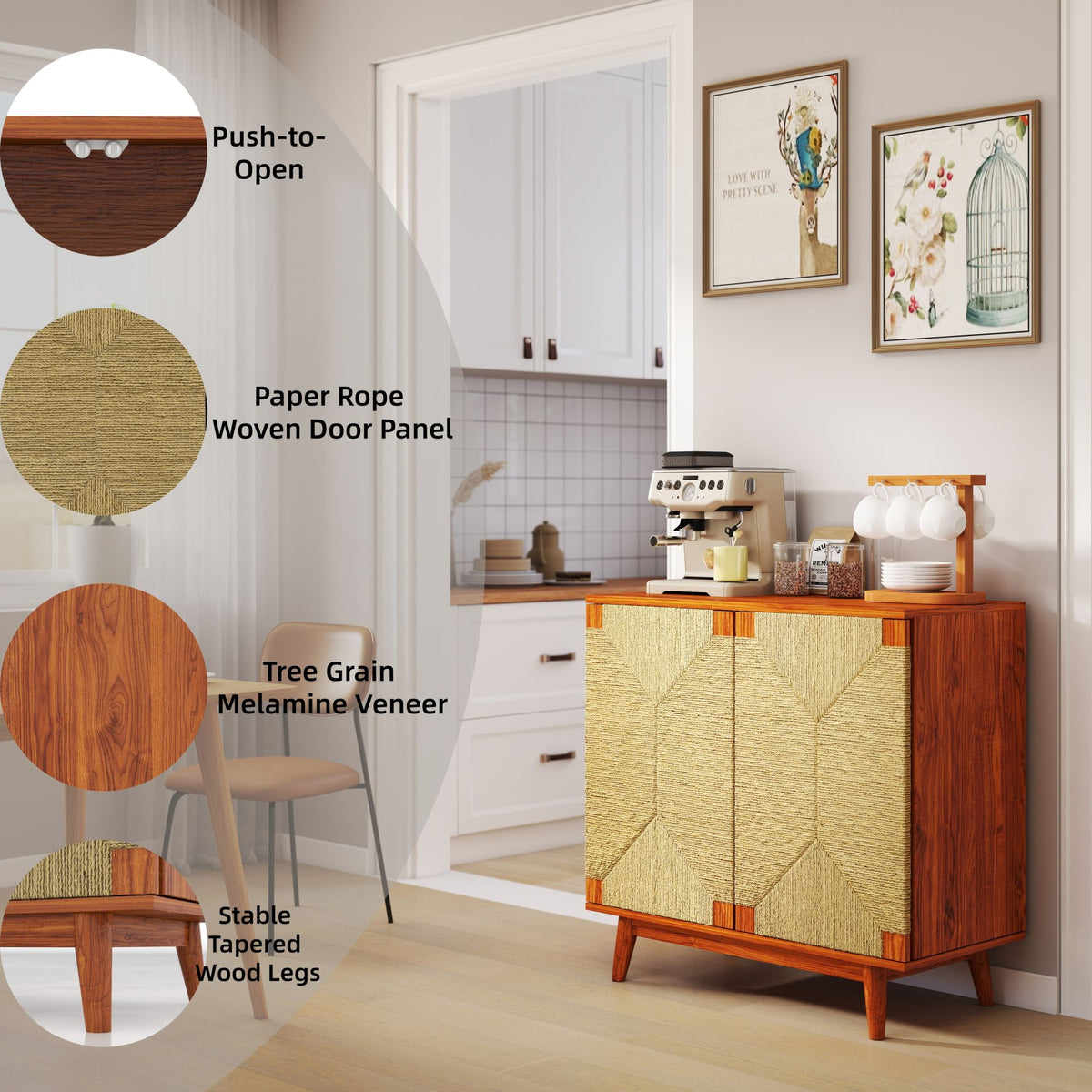 Mid Century Boho Freestanding Accent Cabinet, Handmade Paper Rope Woven Push-to-Open Double Doors, , Adjustable  Shelf, Sideboard Storage Cabinet for Kitchen Entryway  Living Room
