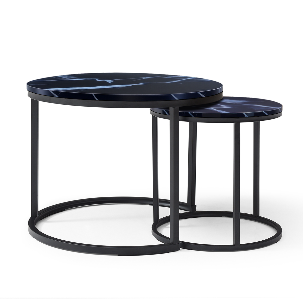 Set 2 Coffee Table Nesting Black top  Black Frame Circular Round and Marble Pattern Wooden Tables, Living Room Bedroom Apartment Modern Industrial Simple Nightstand