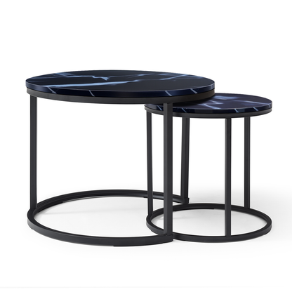 Set 2 Coffee Table Nesting Black top  Black Frame Circular Round and Marble Pattern Wooden Tables, Living Room Bedroom Apartment Modern Industrial Simple Nightstand