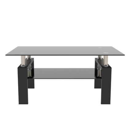 Rectangle Black Glass Coffee Table Modern Side Center Table for Living Room, Black Tempered Glass with Iron Tube