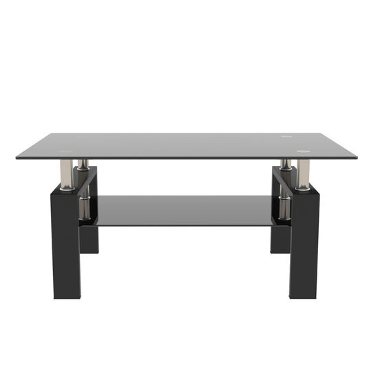 Rectangle Black Glass Coffee Table Modern Side Center Table for Living Room, Black Tempered Glass with Iron Tube