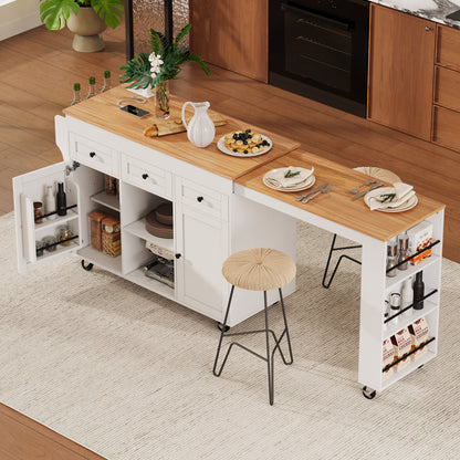 K&K 85.5' Kitchen Island with Extendable Dining Table, Kitchen Storage Table with 3 Side Open Shelves, Rolling Kitchen Island with Power Outlet, 3 Drawers, 2 Doors, for Kitchen, Dining Room, White