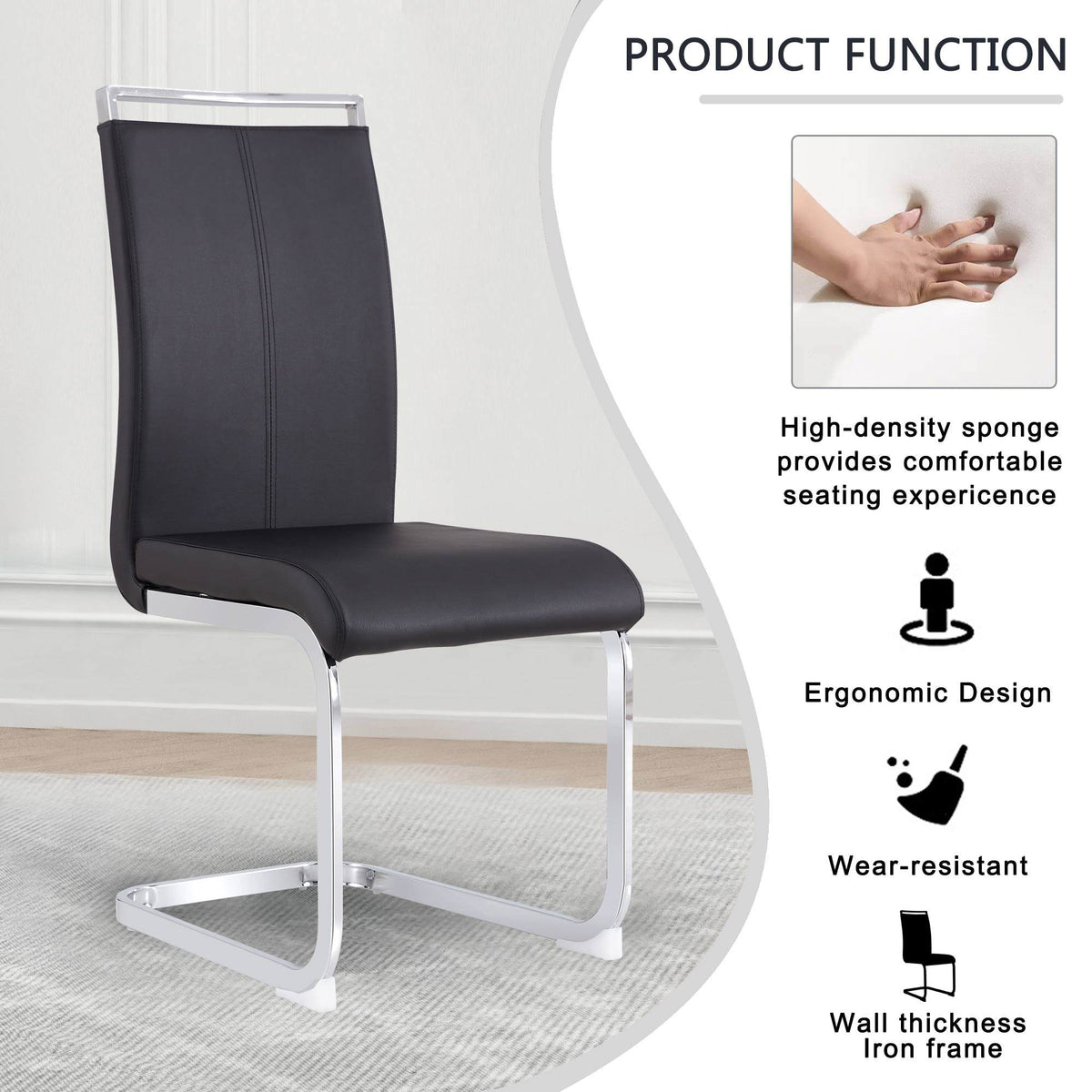 Modern Dining Chairs,PU Faux Leather High Back Upholstered Side Chair with C-shaped Tube Chrome Metal Legs for Dining Room Kitchen Vanity Patio Club Guest Office Chair (Set of 4)(Black+PU Leather)1162