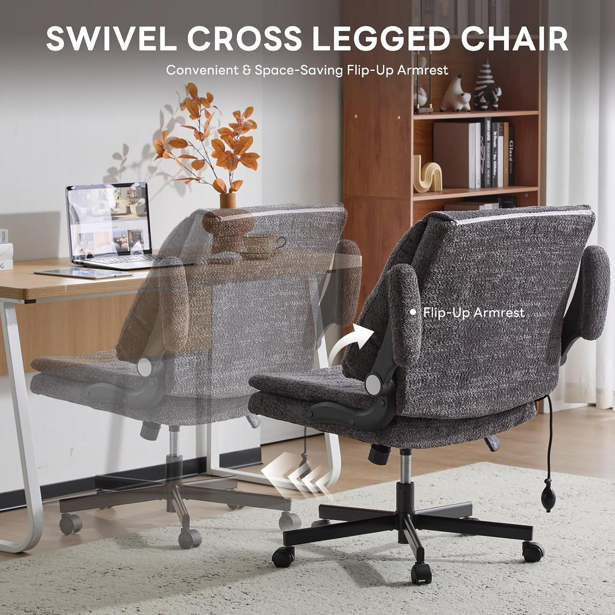 Criss Cross Legged Office Chair with Flip-Up Back Built-In Dynamic Airbag Lumbar Support, Wide Seat Desk Chair with Flip-Up Arms and Wheels, Modern Cross-Leg Chair for Home Office, Vanity,Gray.