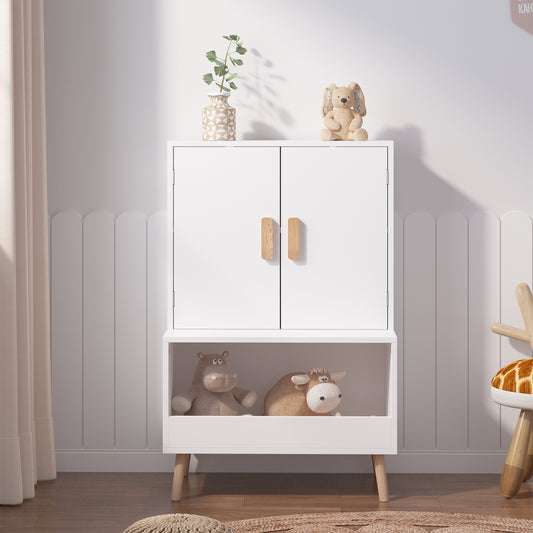 Kids Toy Storage Cabinet with Doors and Open Shelf, White Modern Wooden Organizer with Natural Wood Legs, Toddler Bookshelf