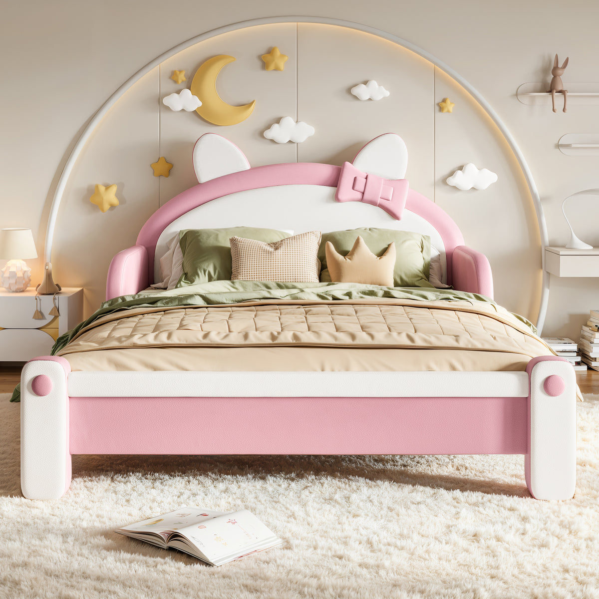 Full Cute Cat Shaped Upholstered Kids Platform Bed, Princess Style Low Profile Children Bed Frame for Bedroom,white&Pink