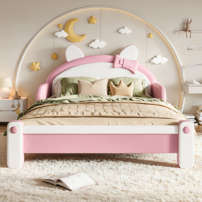 Full Cute Cat Shaped Upholstered Kids Platform Bed, Princess Style Low Profile Children Bed Frame for Bedroom,white&Pink