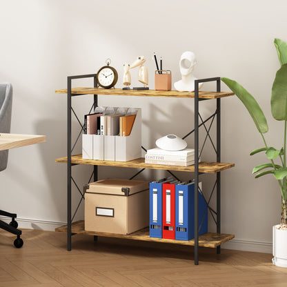 3-Tier Bookshelf, Horizontal Bookcase with Open Storage Shelves, Rustic Industrial Plant Stand, Wood & Metal Shelf for Living Room, Bedroom & Home Office (Rustic Brown)