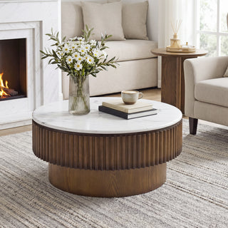 31.49'' Round Coffee Table with Storage, Modern Small Coffee Table with White Marble-Pattern Top & Solid Wood Fluted Base, Center Table for Living Room, Apartment, Office