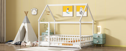 Full Size House Floor Wooden Bed with Roof Frame, Safety Guardrails,Whtie