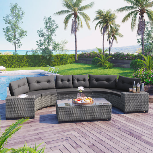 <Old SKU: FG201215AAE> 8-pieces Outdoor Wicker Round Sofa Set, Half-Moon Sectional Sets All Weather