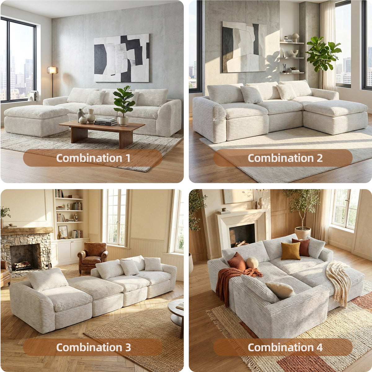 108-inch high-resilience boneless sponge sofa with 30 density, double-layer cloud-like cushions, multiple combination options, no installation required/ Off-White