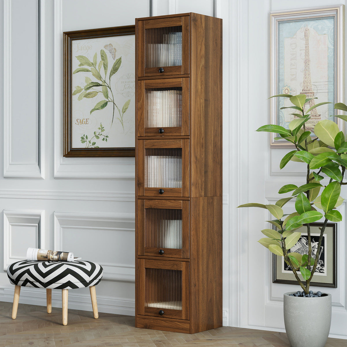5-Tier Slim Tall Bookcase, Narrow Storage Cabinet with  Glass Flip Up Doors, Freestanding  Display Bookshelf, Vertical Corner Storage Organizer for Living Room, Bedroom, Home Office