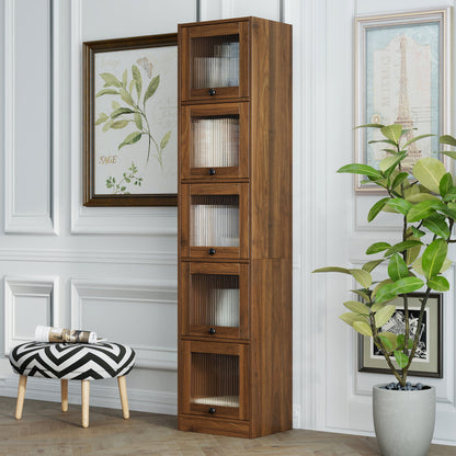 5-Tier Slim Tall Bookcase, Narrow Storage Cabinet with  Glass Flip Up Doors, Freestanding  Display Bookshelf, Vertical Corner Storage Organizer for Living Room, Bedroom, Home Office