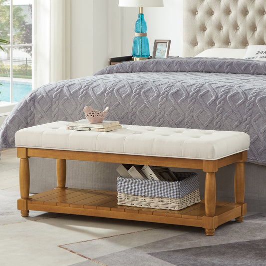 Upholstered Linen Bench with Storage Shelf - Tufted Ottoman Bench for Bedroom Entryway Living Room, Solid Wood Spindle Legs Accent Furniture,IVORY