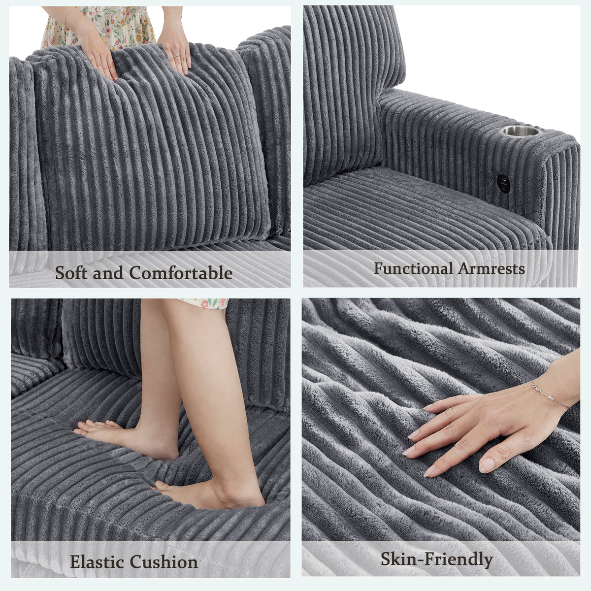 L-Shaped Sectional Sofa Bed with Pull-Out Bed & Storage, 5-Seat Sleeper Couch with USB Charging, Convertible Design, Corduroy Fabric, Grey
