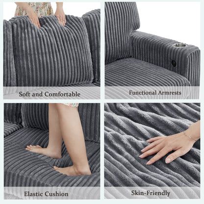 L-Shaped Sectional Sofa Bed with Pull-Out Bed & Storage, 5-Seat Sleeper Couch with USB Charging, Convertible Design, Corduroy Fabric, Grey