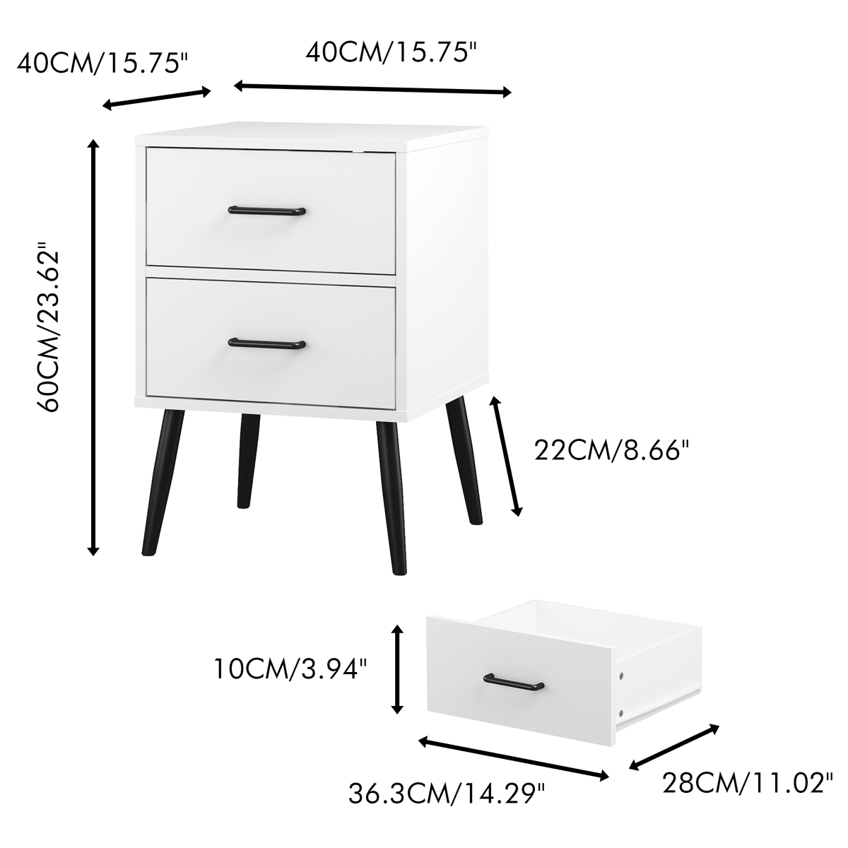 2-Drawer Nightstand with Metal Legs and Metal Handles, Modern White Bedside Table, Small End Table, Living Room or Apartment