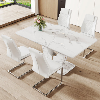 Table and chair set.Marble Pattern MDF Dining Set - 63'x37' with 4 White PU Chairs.White Textured Marble Pattern Sticker,MDF,Silver Metal Chair Legs.Suitable for restaurants, living rooms, kitchens.