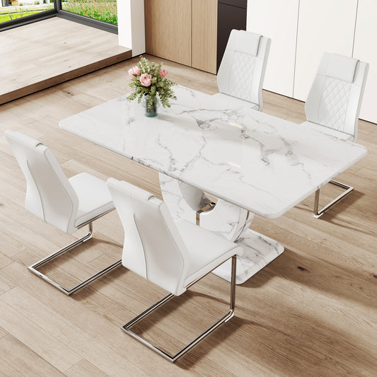 Table and chair set.Marble Pattern MDF Dining Set - 63'x37' with 4 White PU Chairs.White Textured Marble Pattern Sticker,MDF,Silver Metal Chair Legs.Suitable for restaurants, living rooms, kitchens.