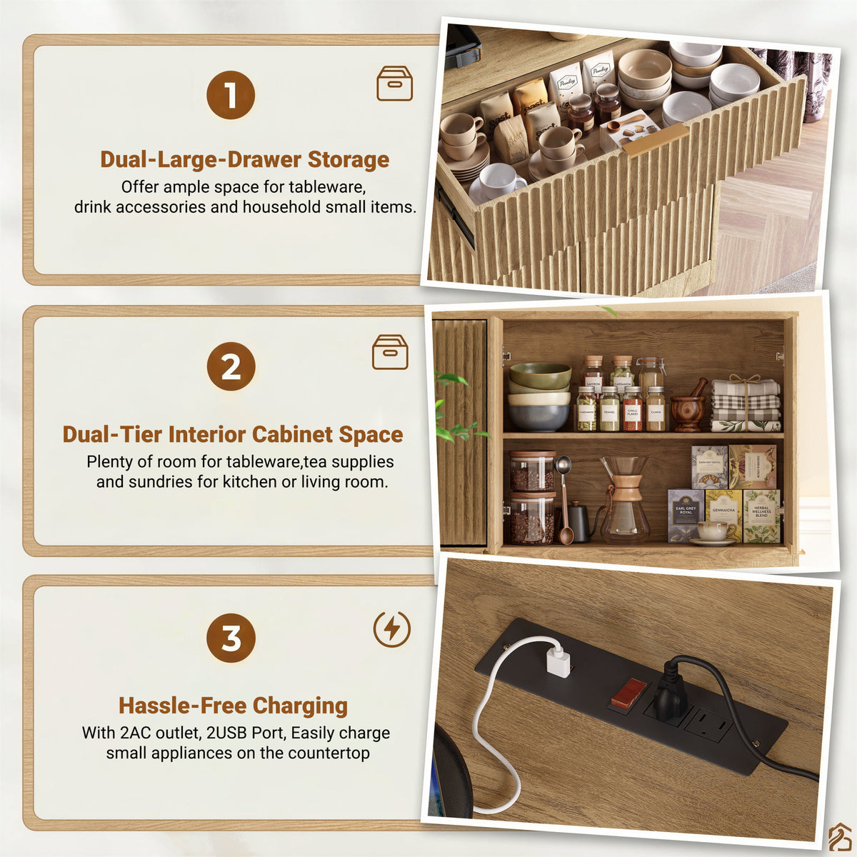 71" Tall Kitchen Pantry Cabinet with Power Outlet, Hollow Open Countertop, Modern Multi-Functional Storage Hutch Cabinet for Dining Room, Entryway and Living Room,Natural