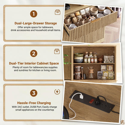71" Tall Kitchen Pantry Cabinet with Power Outlet, Hollow Open Countertop, Modern Multi-Functional Storage Hutch Cabinet for Dining Room, Entryway and Living Room,Natural